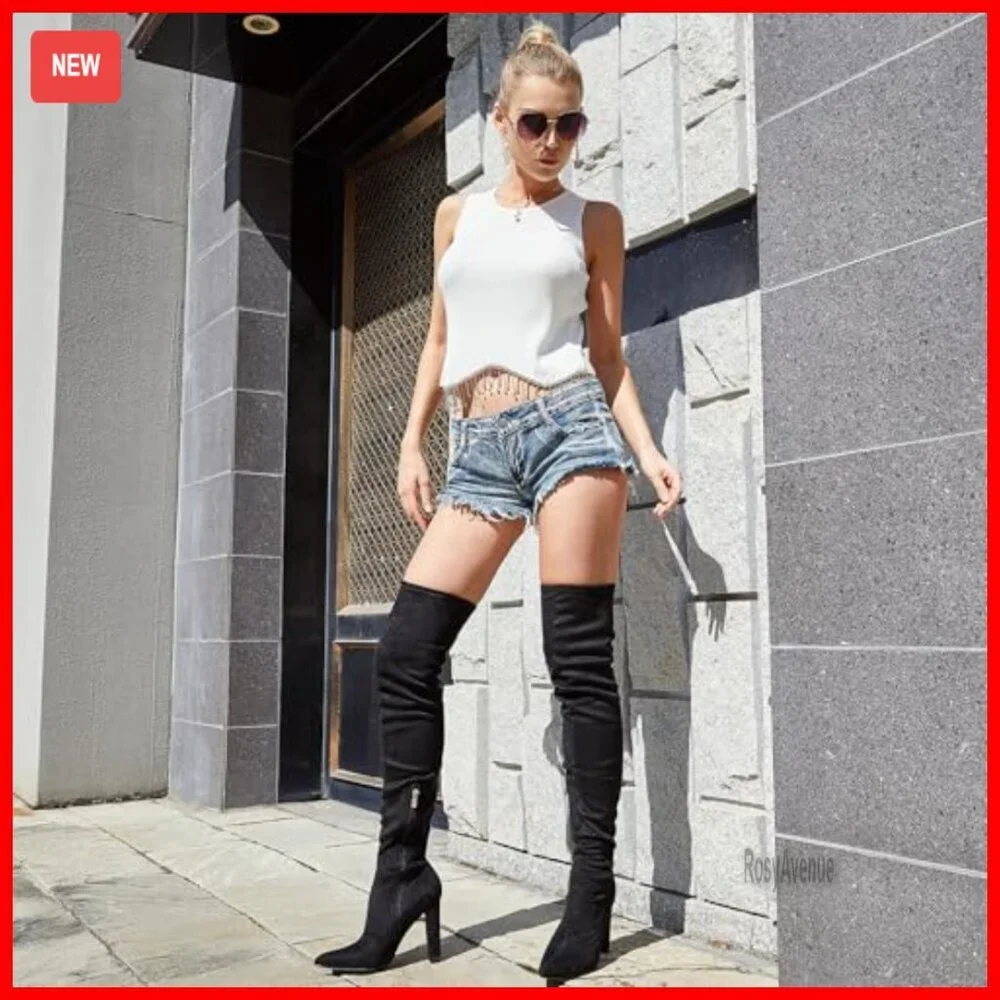 Stretch Suede Thigh High Boots 4.13 Inch Chunky Heel Over The Knee Boots